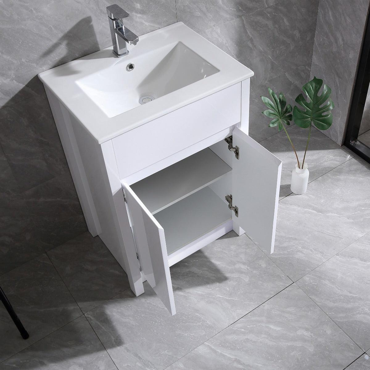 24" Glossy White Freestanding Bathroom Vanity with White Ceramic Countertop - Image 4