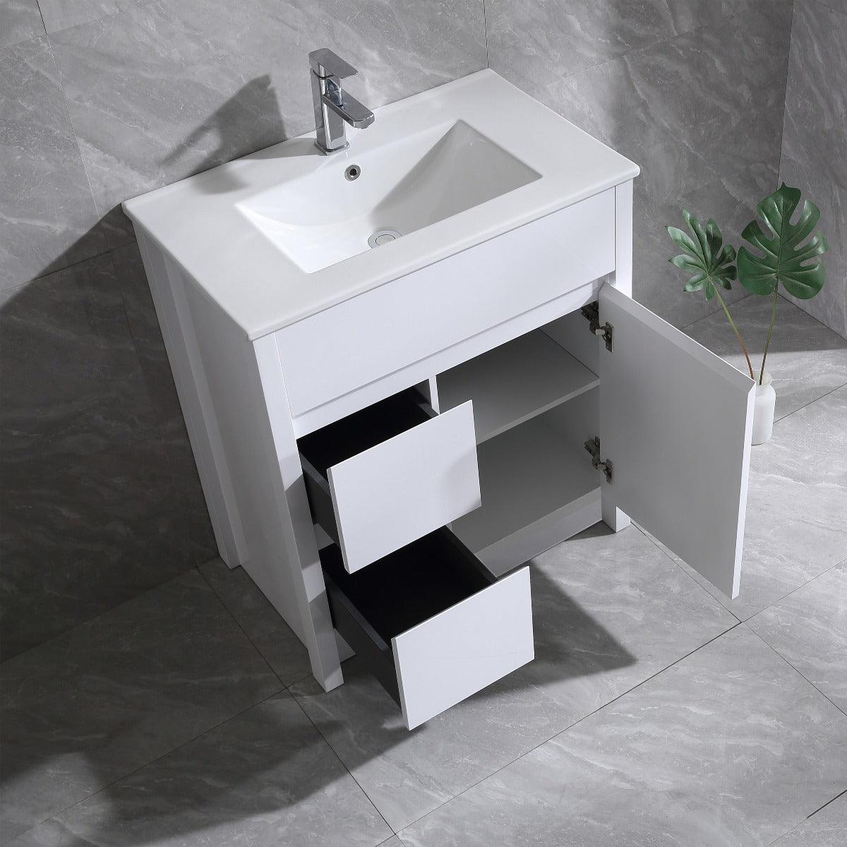 30" Glossy White Freestanding Bathroom Vanity with White Ceramic Countertop - Image 4