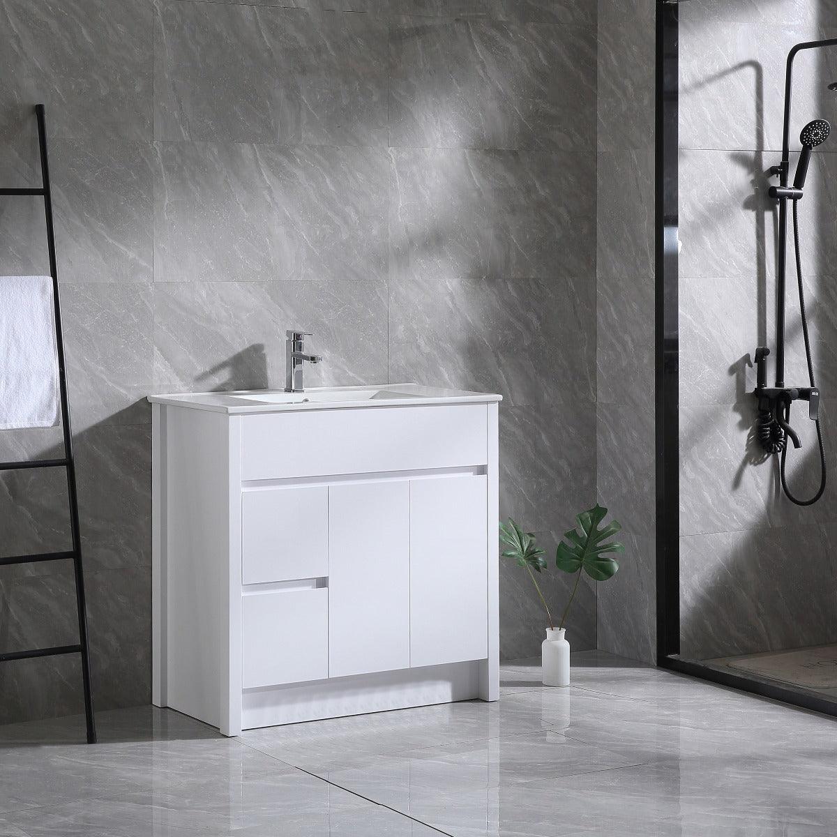 36" Glossy White Freestanding Bathroom Vanity with White Ceramic Countertop - Image 3