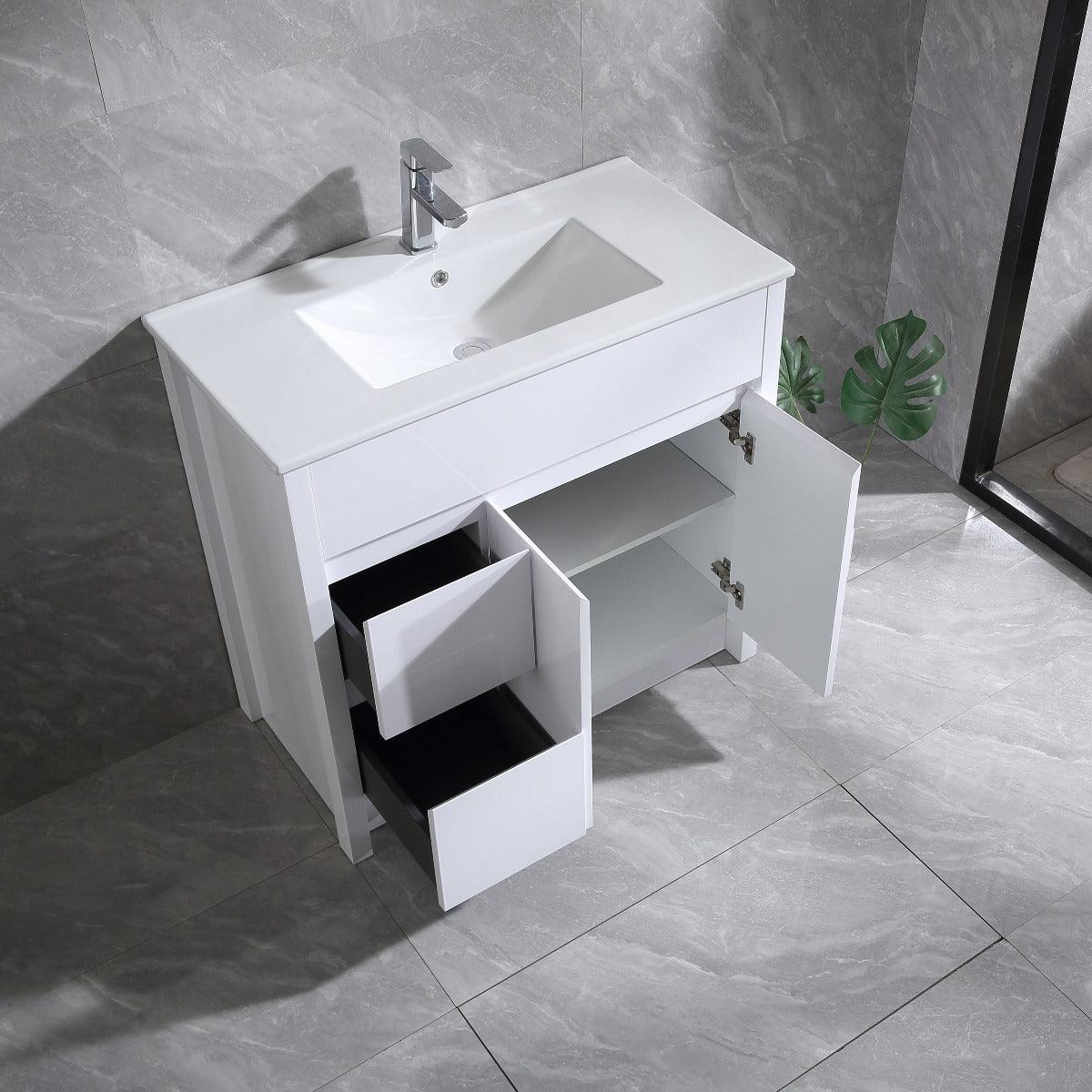 36" Glossy White Freestanding Bathroom Vanity with White Ceramic Countertop - Image 4