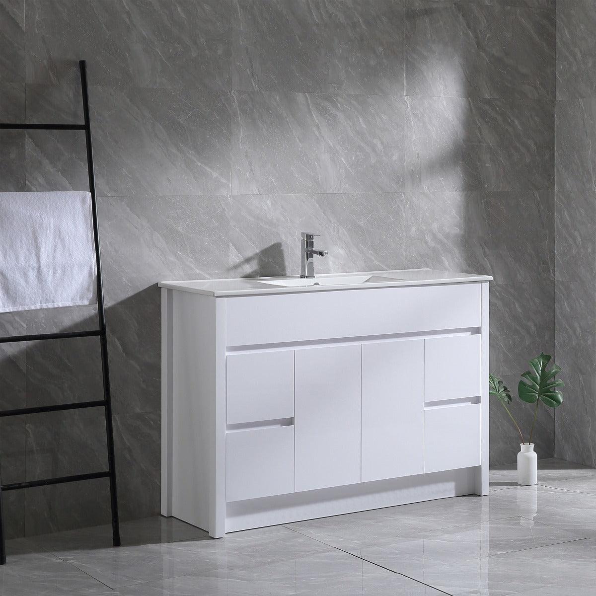 48" Matte White Freestanding Single Sink Bathroom Vanity with White Ceramic Countertop - Image 4