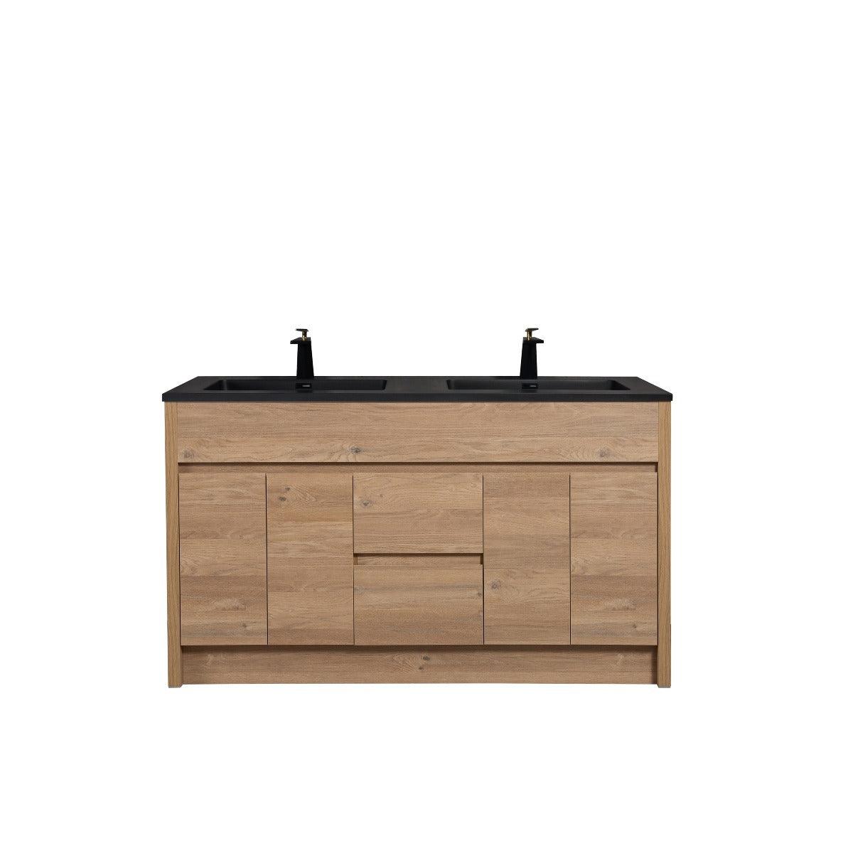 60" Rough Oak Freestanding Double Sink Bathroom Vanity with Black Engineered Quartz Countertop - Image 3