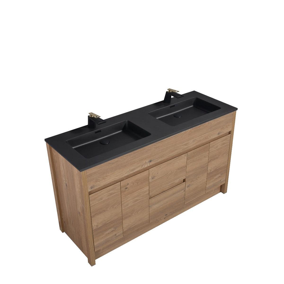 60" Rough Oak Freestanding Double Sink Bathroom Vanity with Black Engineered Quartz Countertop - Image 2
