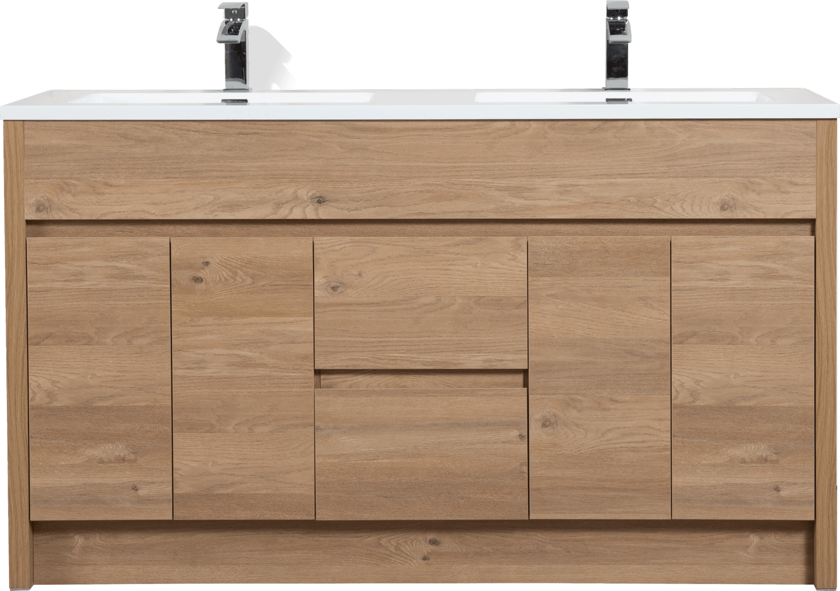 60" Rough Oak Freestanding Double Sink Bathroom Vanity with White Polymarble Countertop - Image 5
