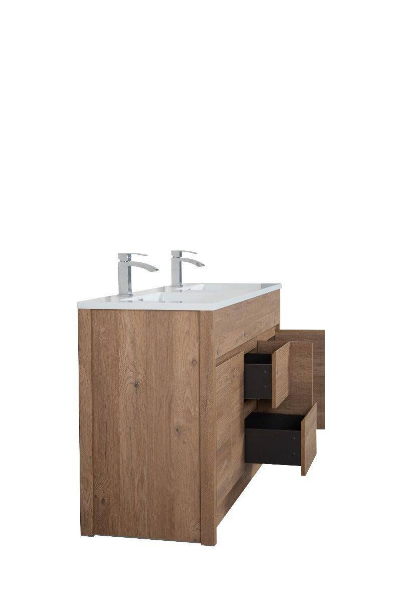 60" Rough Oak Freestanding Double Sink Bathroom Vanity with White Polymarble Countertop - Image 6