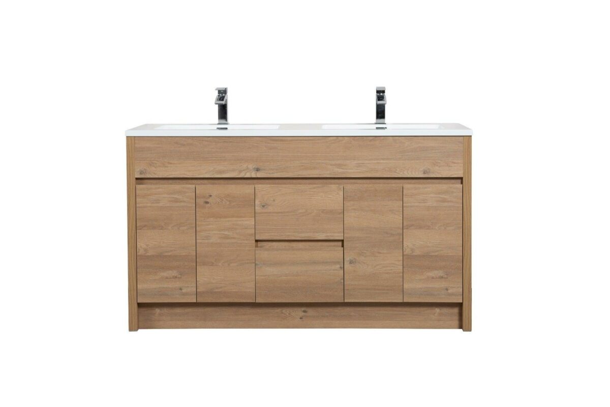 60" Rough Oak Freestanding Double Sink Bathroom Vanity with White Polymarble Countertop – Image 7