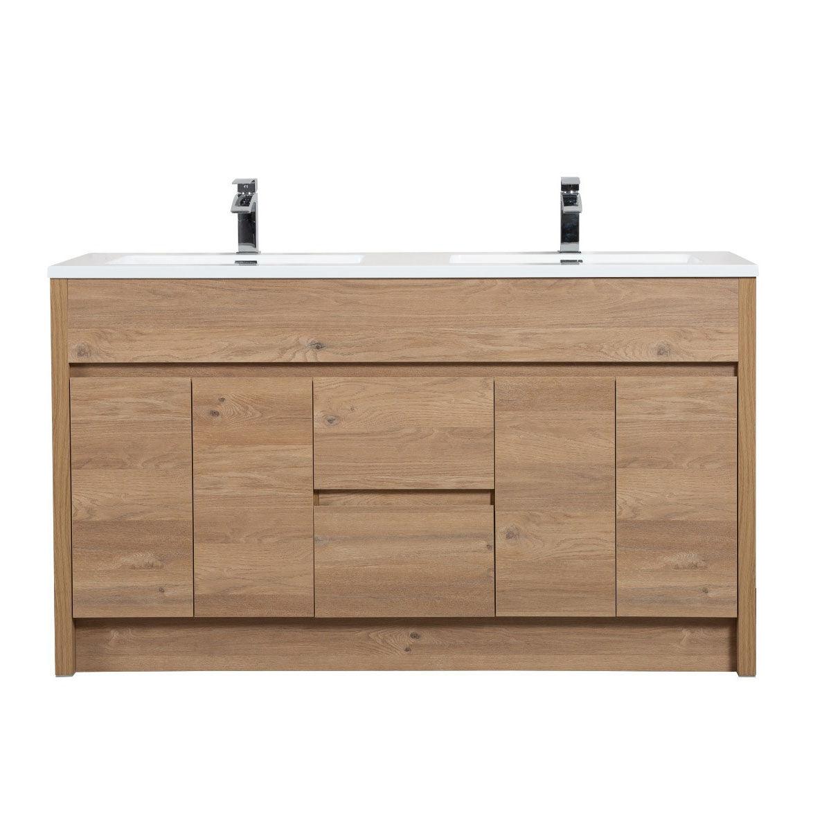 60" Rough Oak Freestanding Double Sink Bathroom Vanity with White Polymarble Countertop - Image 3