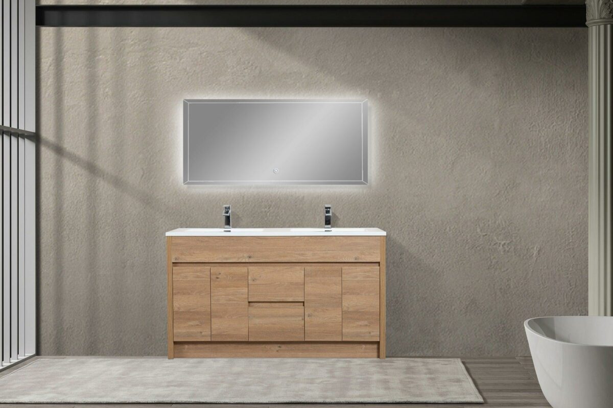60" Rough Oak Freestanding Double Sink Bathroom Vanity with White Polymarble Countertop – Image 2