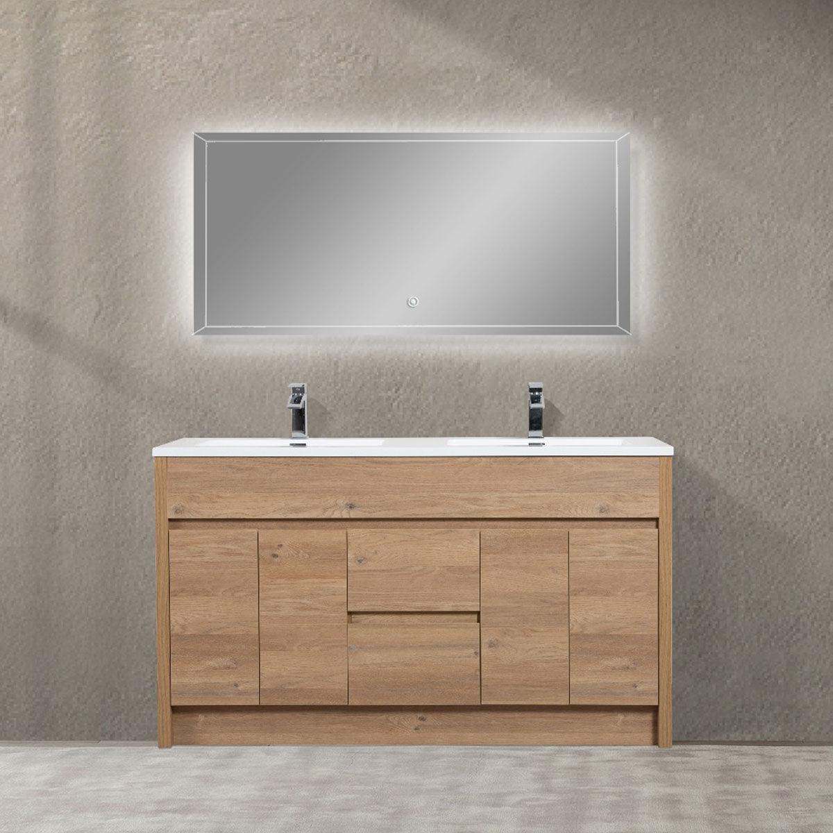 60" Rough Oak Freestanding Double Sink Bathroom Vanity with White Polymarble Countertop – Image 1