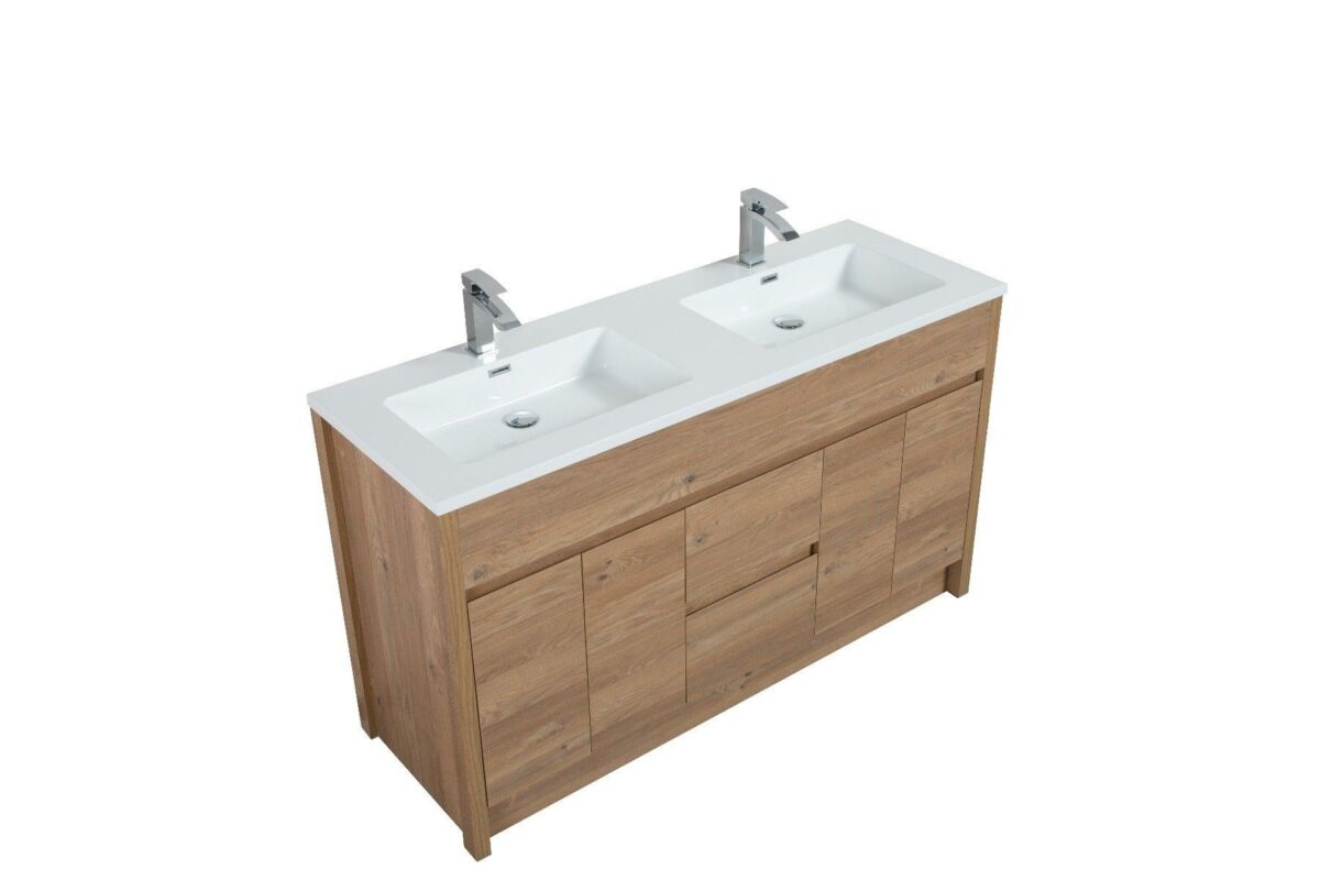 60" Rough Oak Freestanding Double Sink Bathroom Vanity with White Polymarble Countertop – Image 8