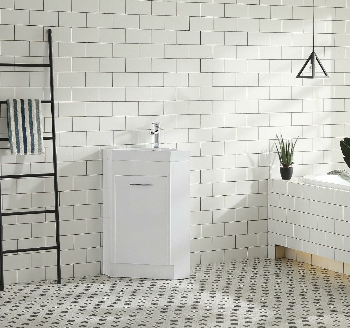 18" Lily White Freestanding Corner Bathroom Vanity with White Polymarble Countertop - Image 1