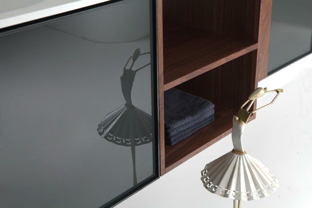 48" Walnut Wall Mount Single Sink Bathroom Vanity with Matte White Solid surface Countertop - Image 6