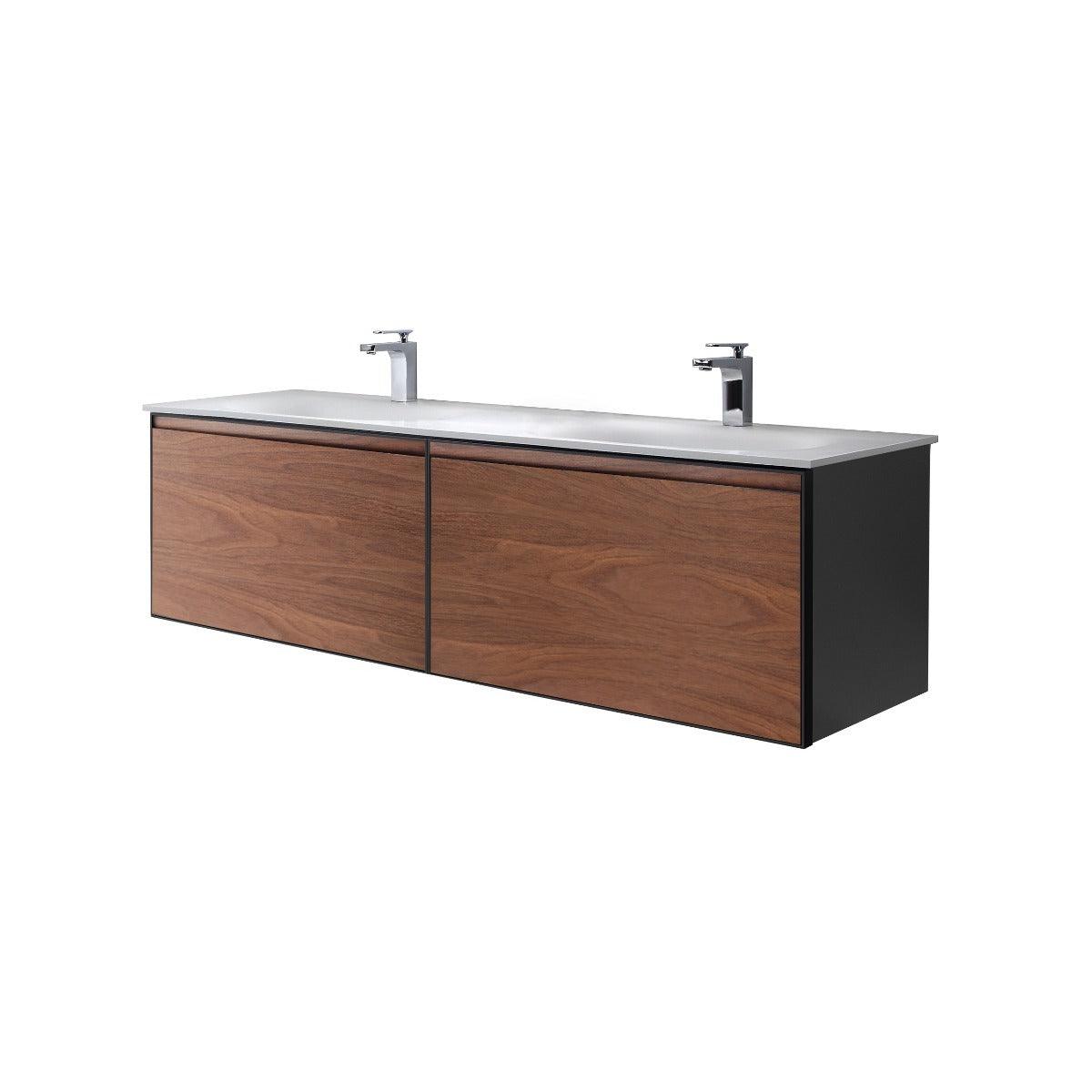 60" Walnut Wall Mount Double Sink Bathroom Vanity with Matte White Solid Surface Countertop – Image 2