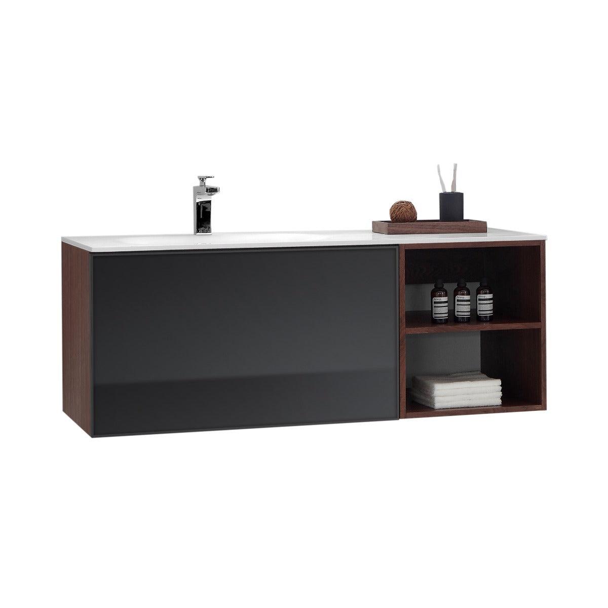 48" Walnut Wall Mount Single Sink Bathroom Vanity with Matte White Solid surface Countertop - Image 2