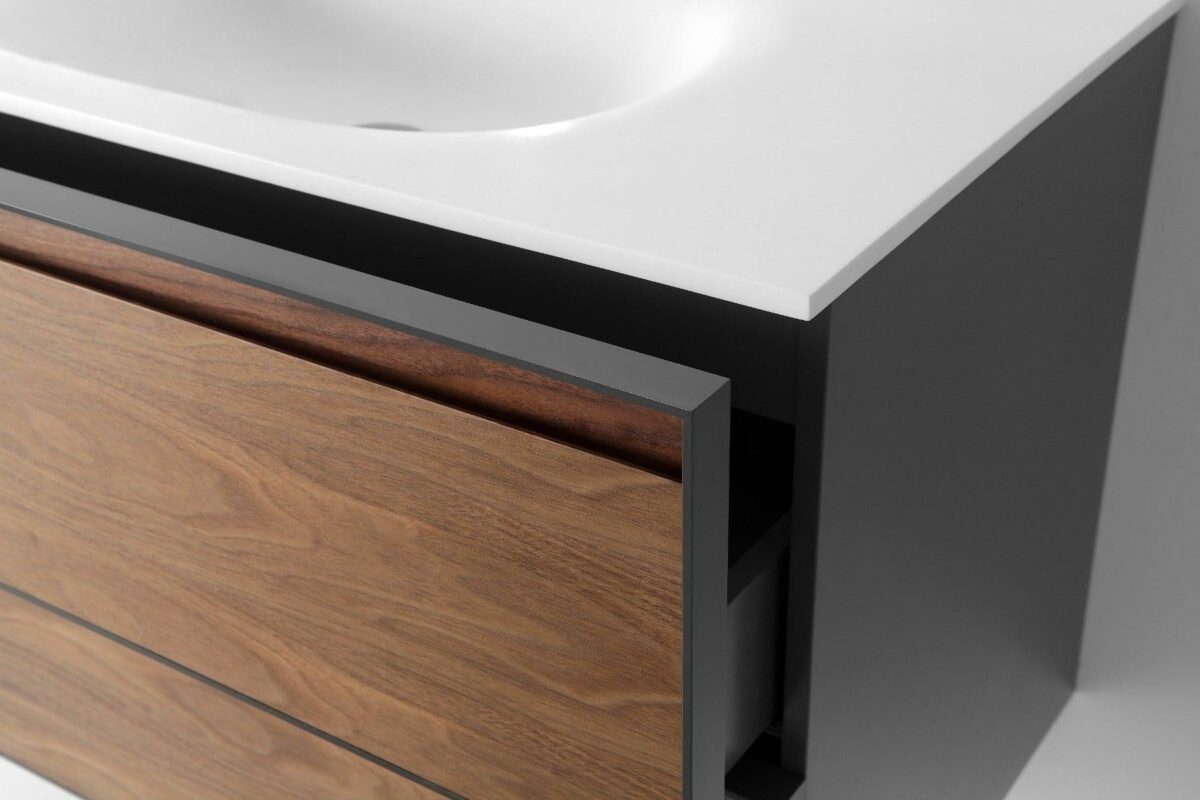 60" Walnut Wall Mount Double Sink Bathroom Vanity with Matte White Solid Surface Countertop - Image 4