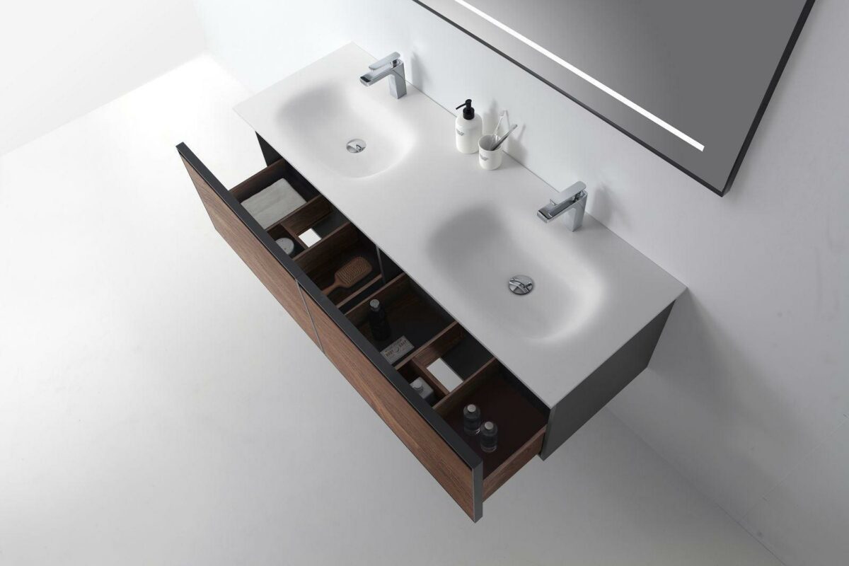 60" Walnut Wall Mount Double Sink Bathroom Vanity with Matte White Solid Surface Countertop - Image 3
