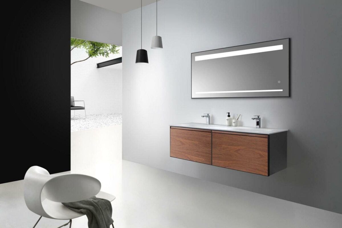 60" Walnut Wall Mount Double Sink Bathroom Vanity with Matte White Solid Surface Countertop - Image 5