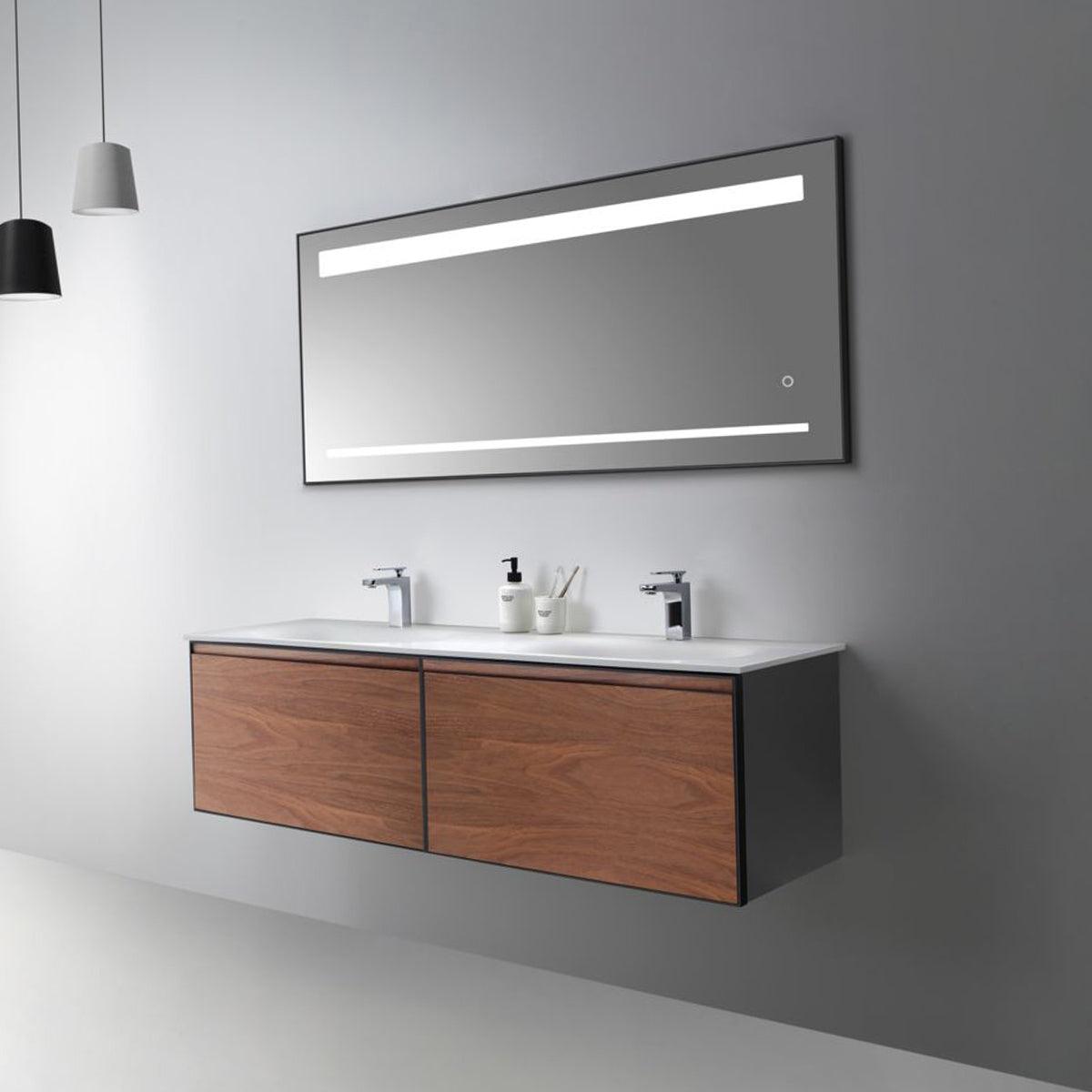 60" Walnut Wall Mount Double Sink Bathroom Vanity with Matte White Solid Surface Countertop – Image 1