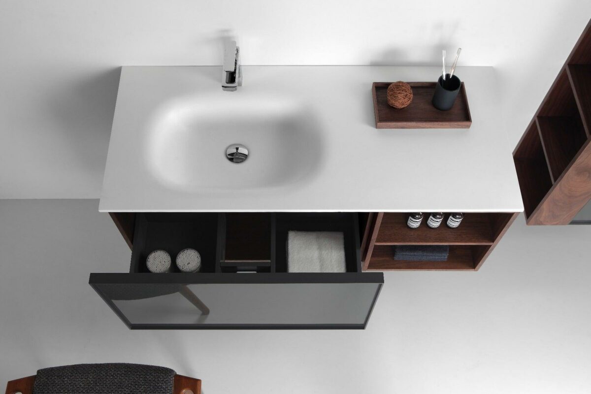 48" Walnut Wall Mount Single Sink Bathroom Vanity with Matte White Solid surface Countertop - Image 5