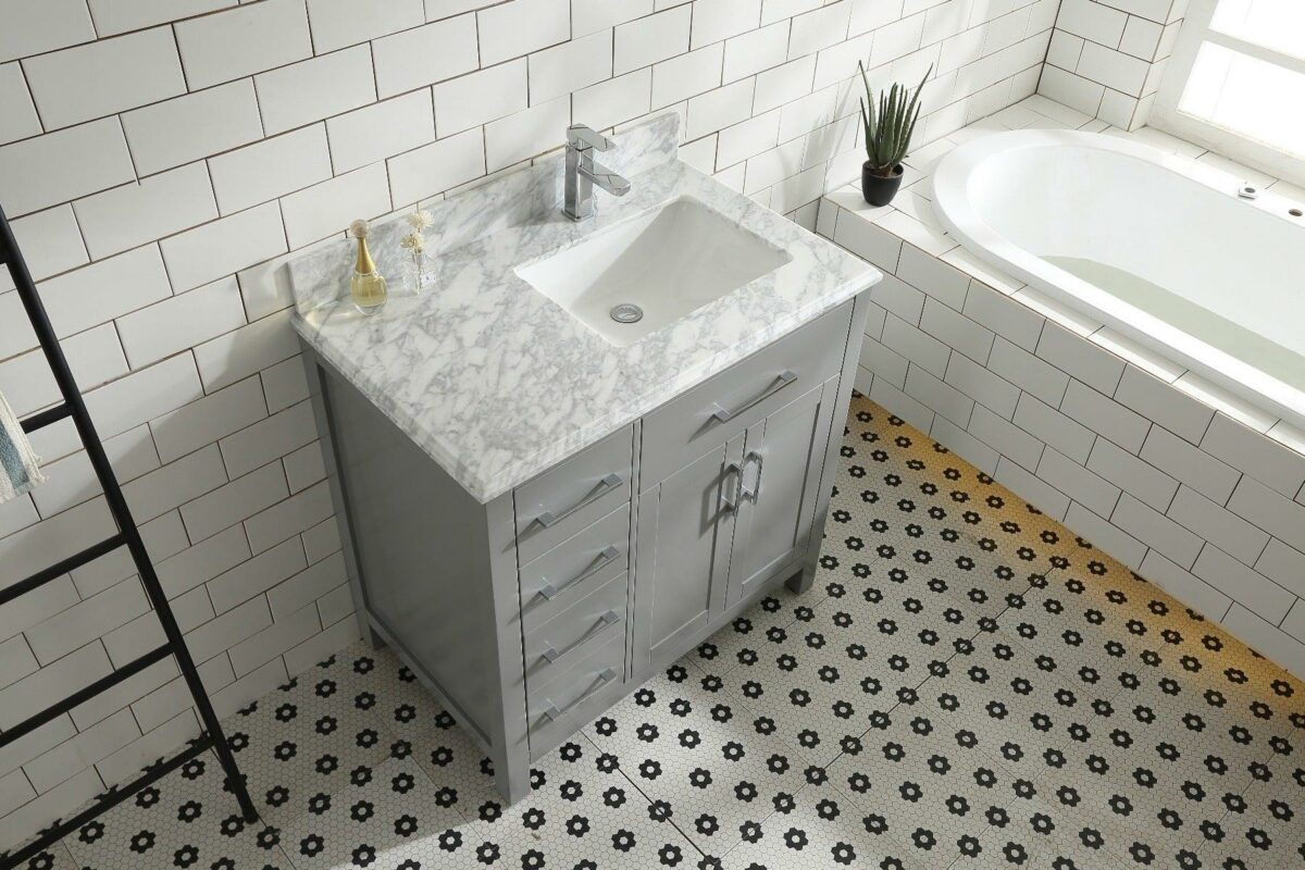 36" Grey Freestanding Bathroom Vanity with Carrera Marble Countertop Mella - Image 3