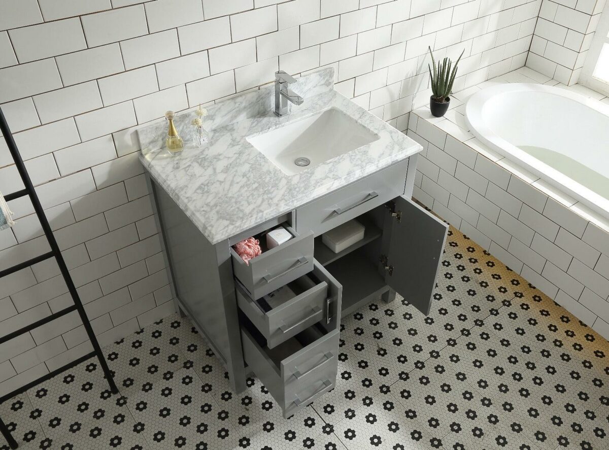 36" Grey Freestanding Bathroom Vanity with Carrera Marble Countertop Mella - Image 4