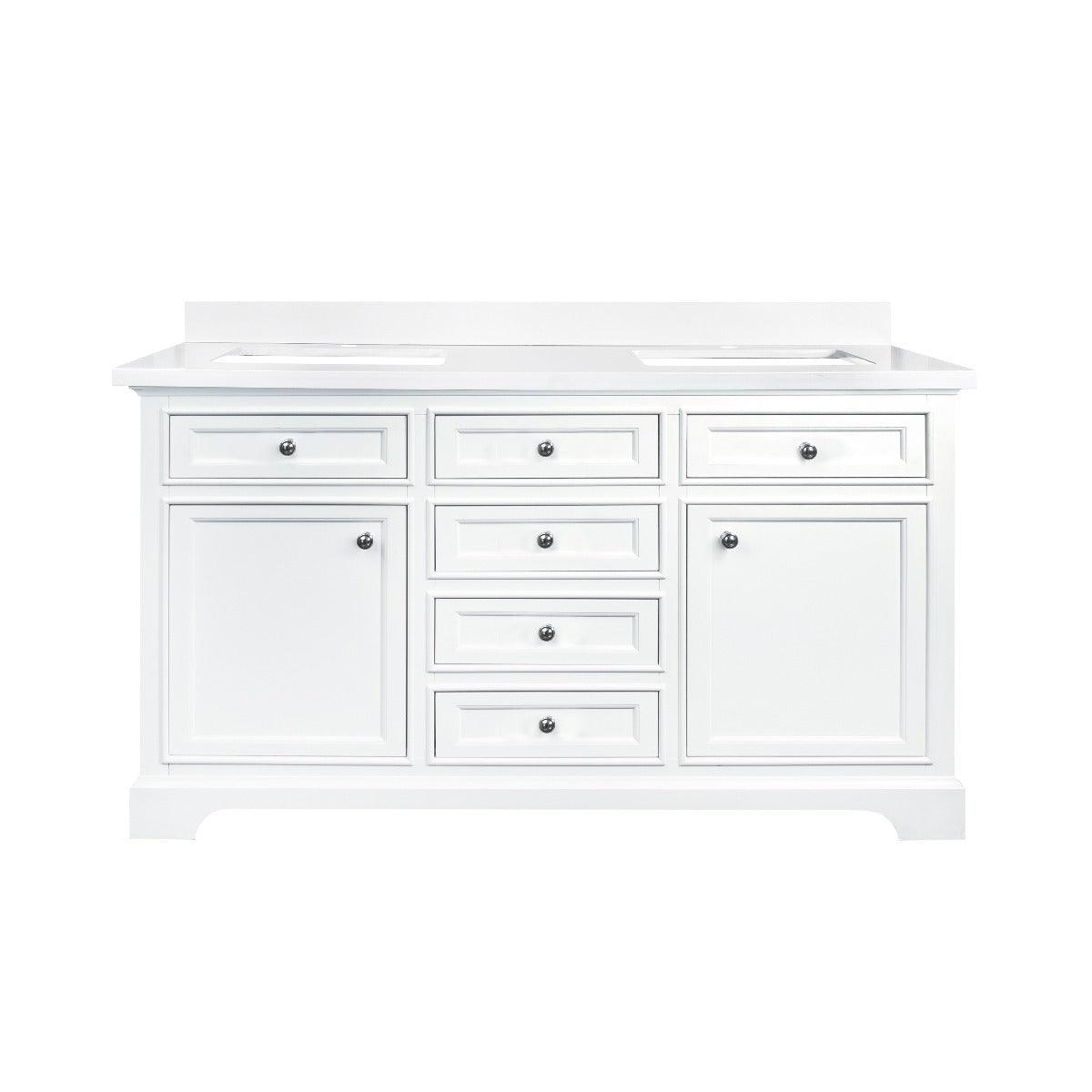 60" White Freestanding Double Sink Bathroom Vanity with Snow White Quartz Countertop – Image 7