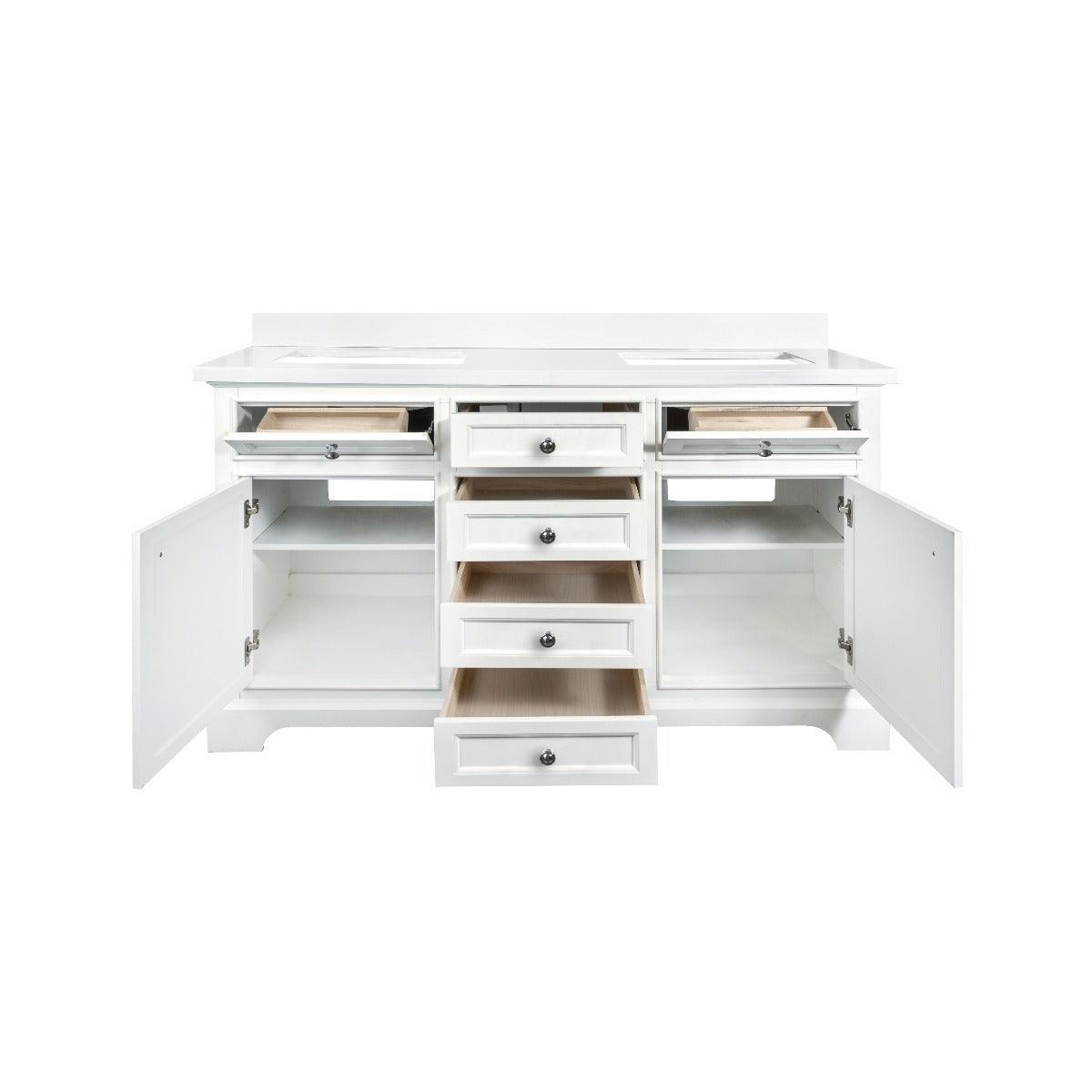 60" White Freestanding Double Sink Bathroom Vanity with Snow White Quartz Countertop – Image 3