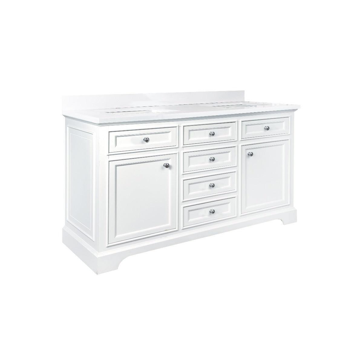 60" White Freestanding Double Sink Bathroom Vanity with Snow White Quartz Countertop – Image 2