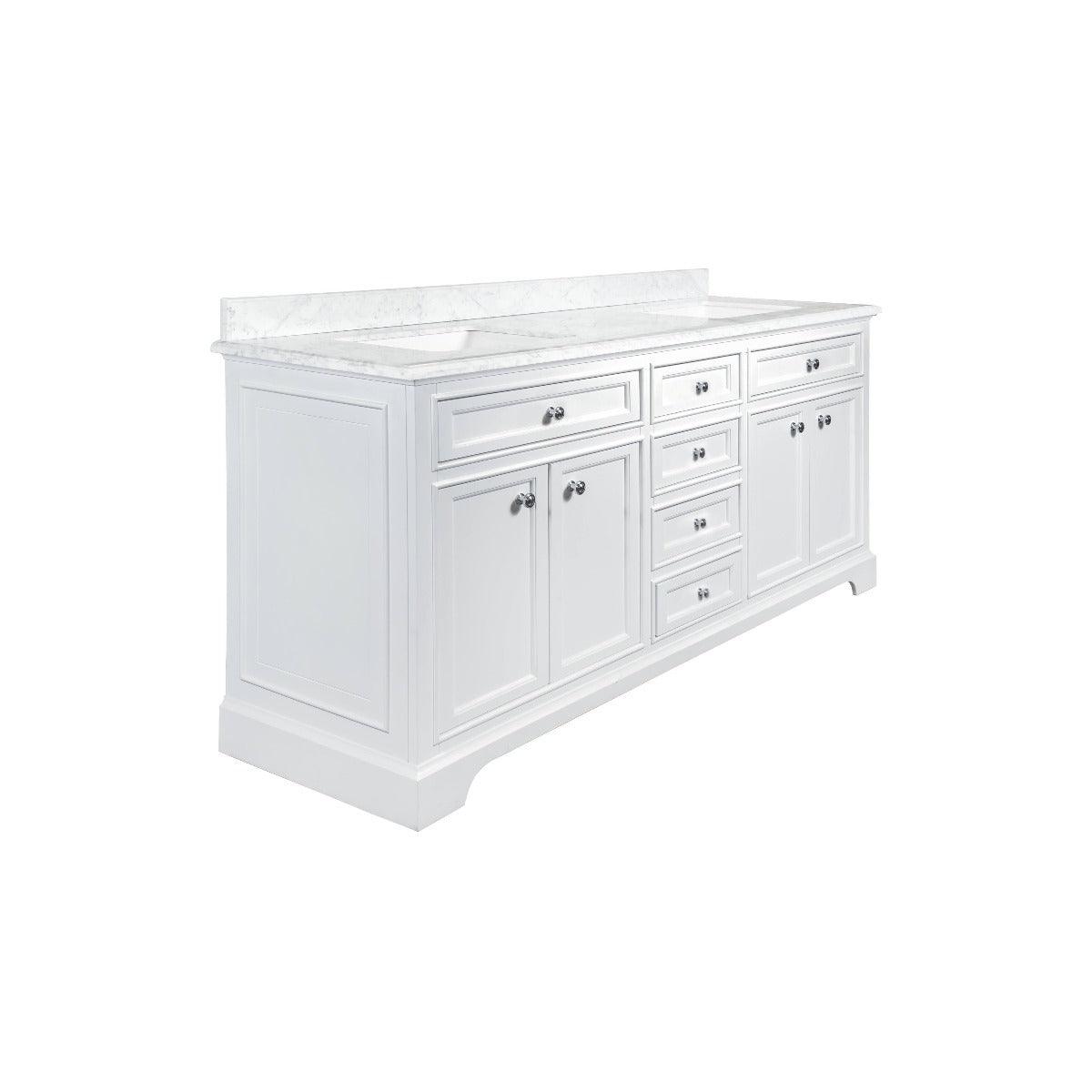 72" White Freestanding Double Sink Bathroom Vanity with Carrera Marble Countertop – Image 2