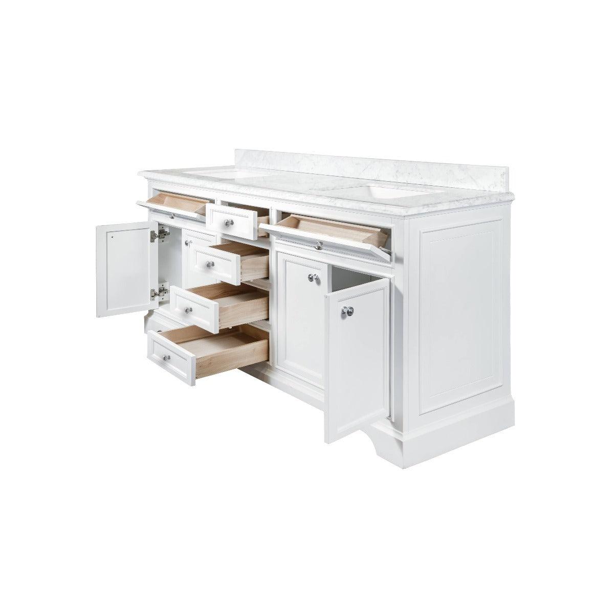72" White Freestanding Double Sink Bathroom Vanity with Carrera Marble Countertop – Image 4