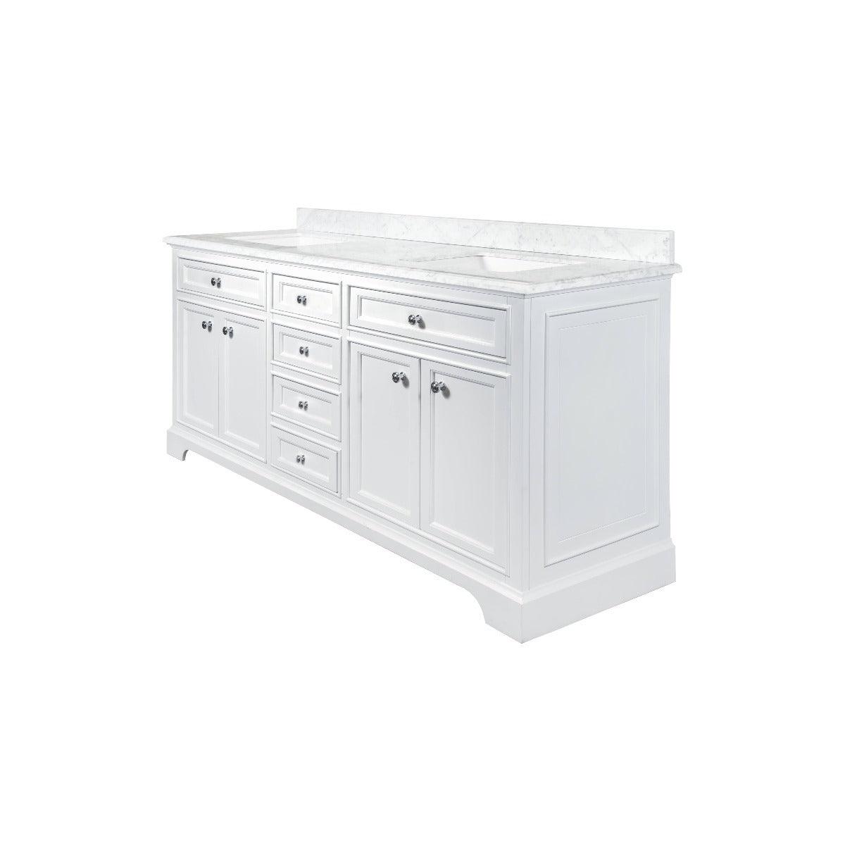 72" White Freestanding Double Sink Bathroom Vanity with Carrera Marble Countertop – Image 6