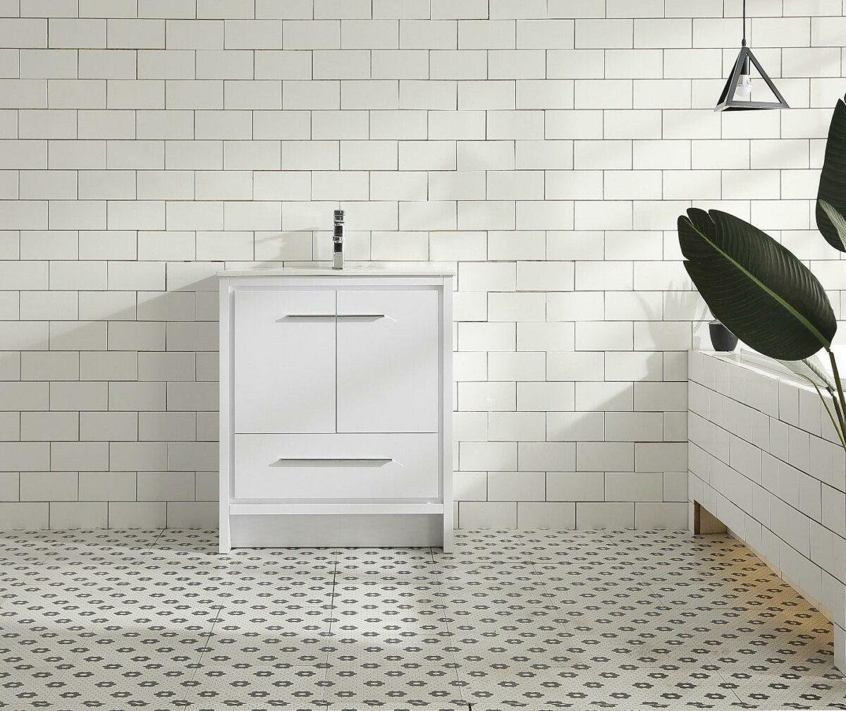 30" Glossy White Freestanding Bathroom Vanity with White Polymarble Countertop - Image 1