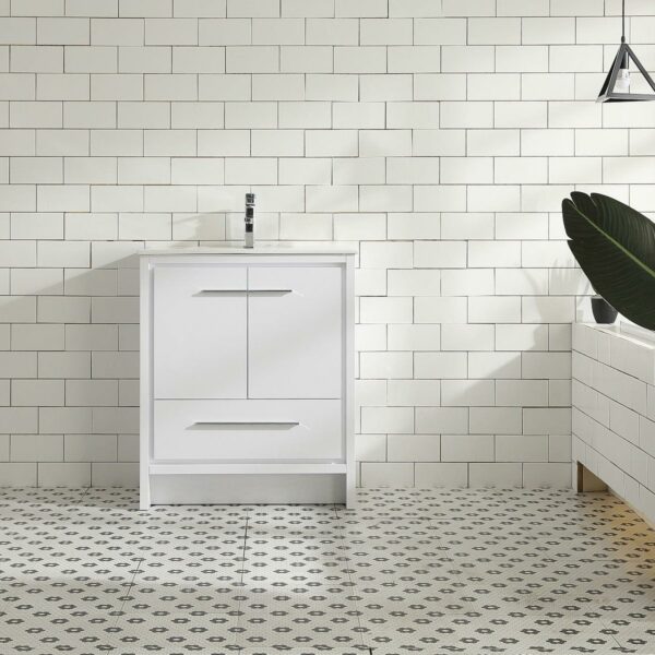 30" Glossy White Freestanding Bathroom Vanity with White Polymarble Countertop