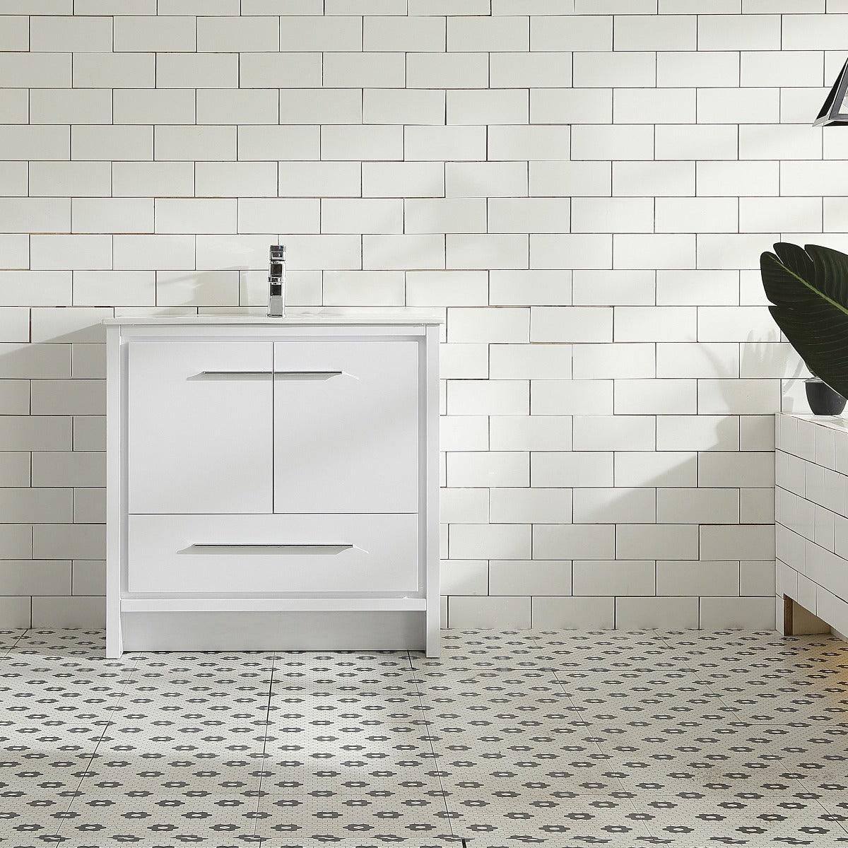 36" Glossy White Freestanding Bathroom Vanity with White Ceramic Countertop – Image 4