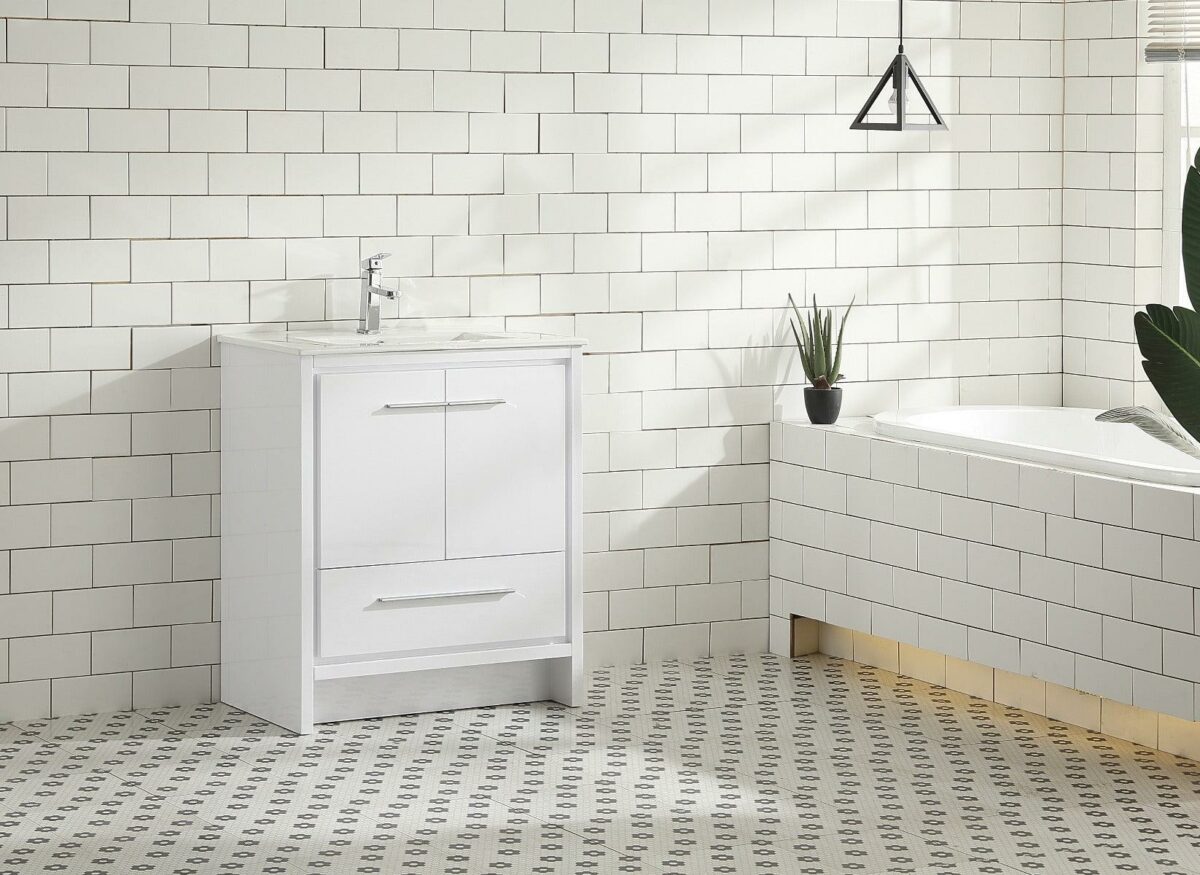 30" Glossy White Freestanding Bathroom Vanity with White Polymarble Countertop - Image 3