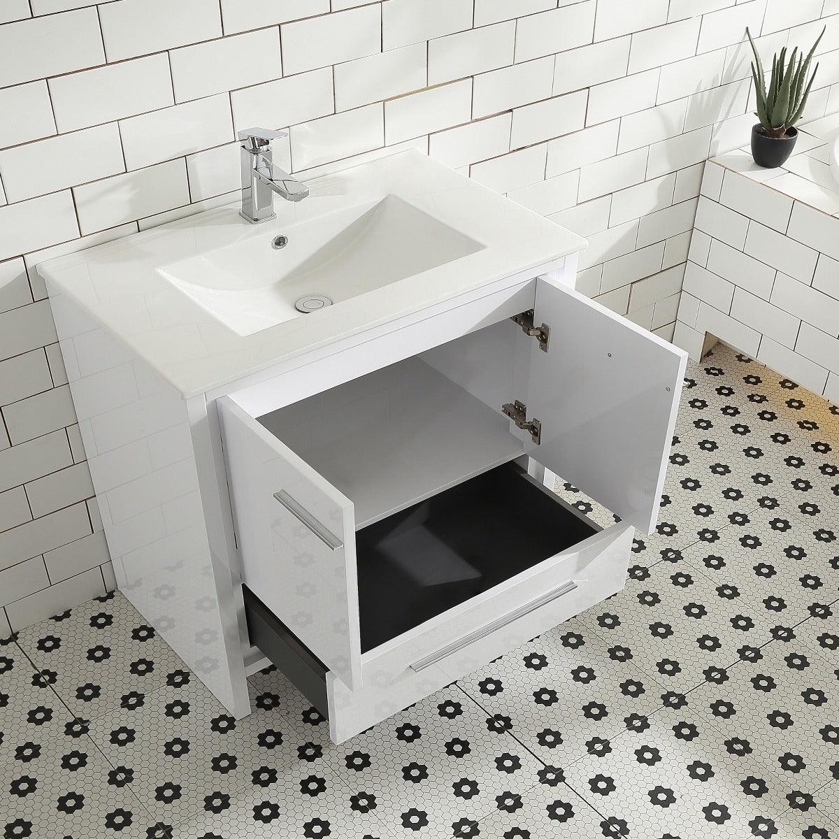 36" Glossy White Freestanding Bathroom Vanity with White Ceramic Countertop – Image 6