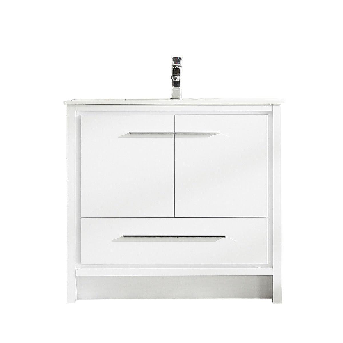 36" Glossy White Freestanding Bathroom Vanity with White Ceramic Countertop – Image 2