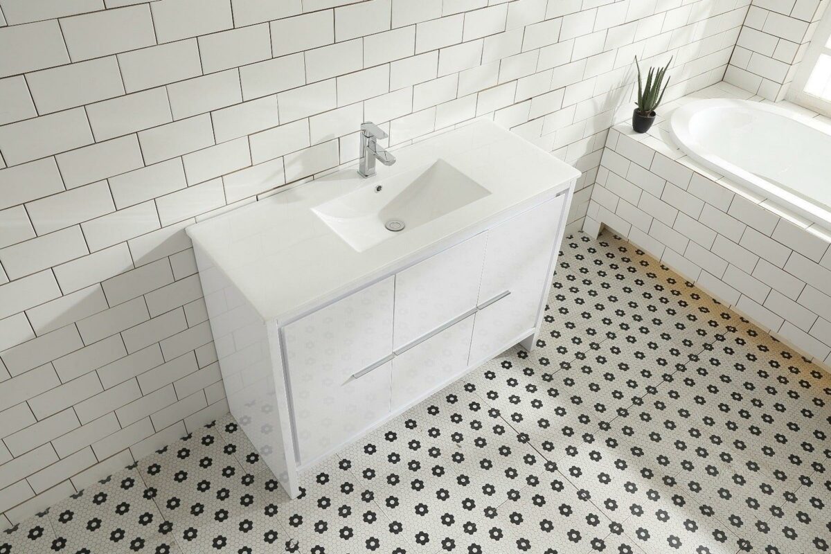48" Glossy White Freestanding Single Sink Bathroom Vanity with White Polymarble Countertop - Image 3