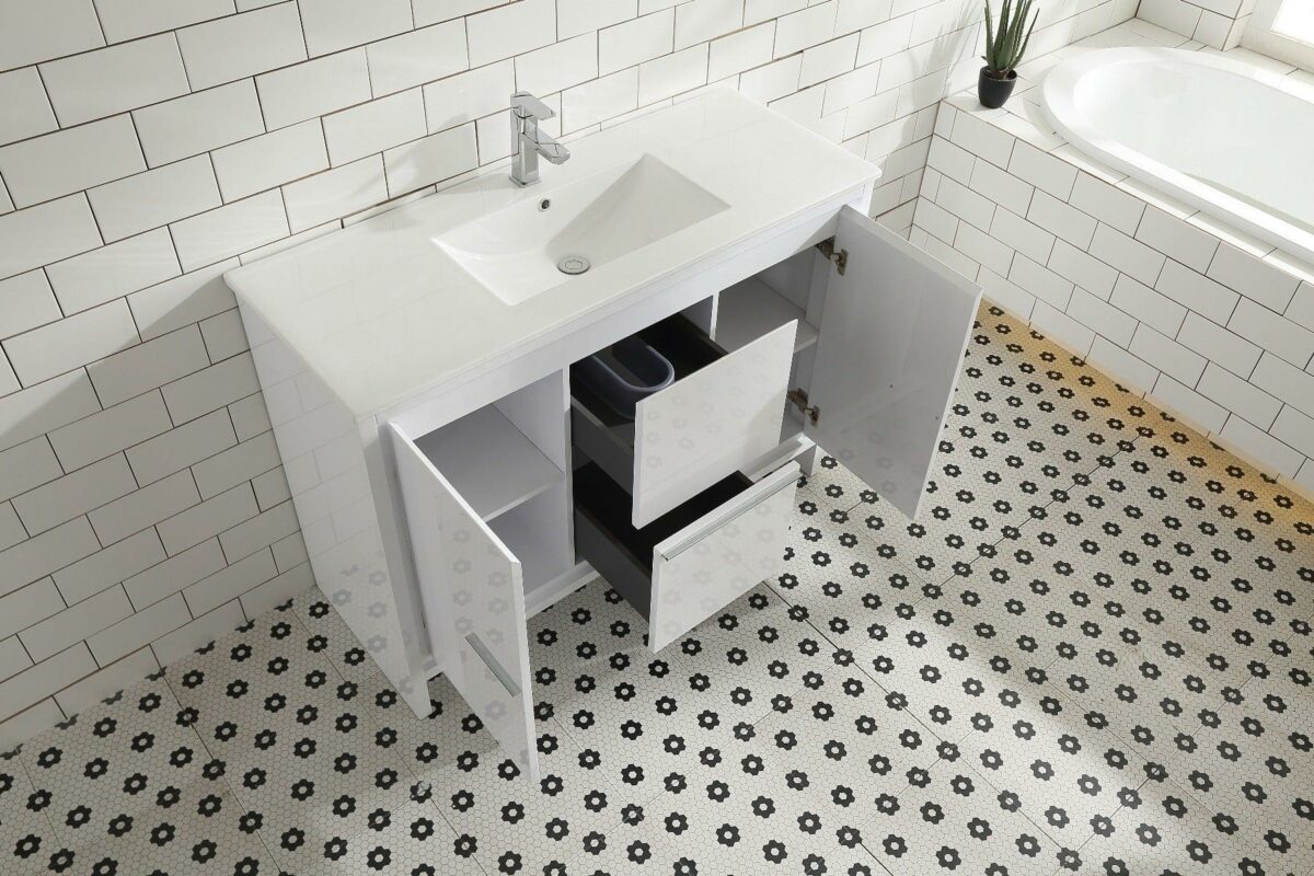 48" Glossy White Freestanding Single Sink Bathroom Vanity with White Polymarble Countertop - Image 4