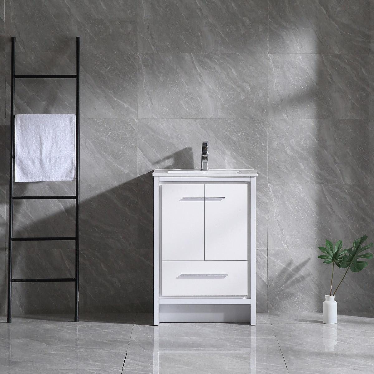 24" Glossy White Freestanding Bathroom Vanity with White Ceramic Countertop – Image 1