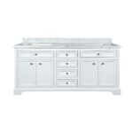 72" White Freestanding Double Sink Bathroom Vanity with Carrera Marble Countertop - Image 3