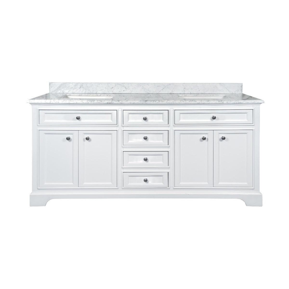 72" White Freestanding Double Sink Bathroom Vanity with Carrera Marble Countertop – Image 3
