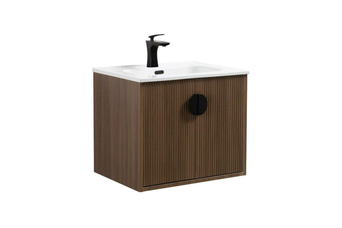 24" Oak Wall Mount Single Sink Bathroom Vanity with White Ceramic Countertop Sudbury - Image 2