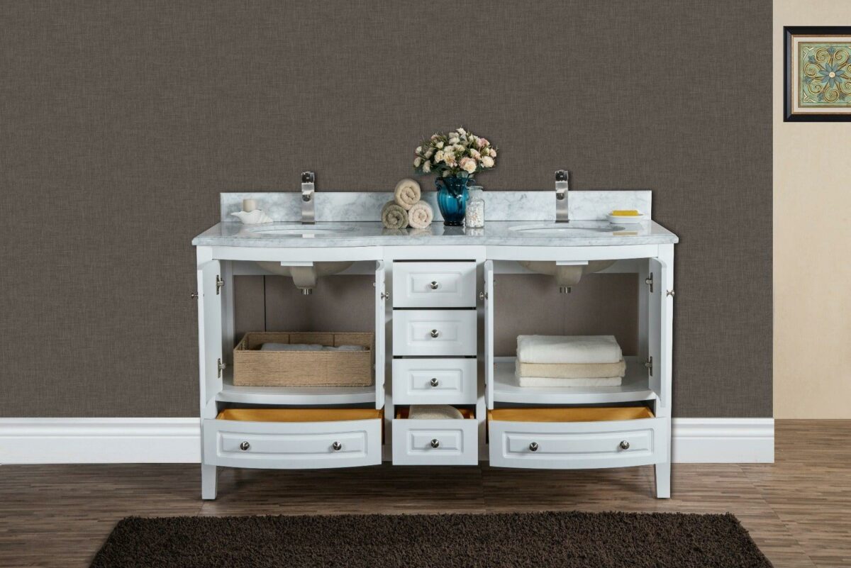 60" White Freestanding Double Sink Bathroom Vanity with Carrera Marble Countertop Porto - Image 5
