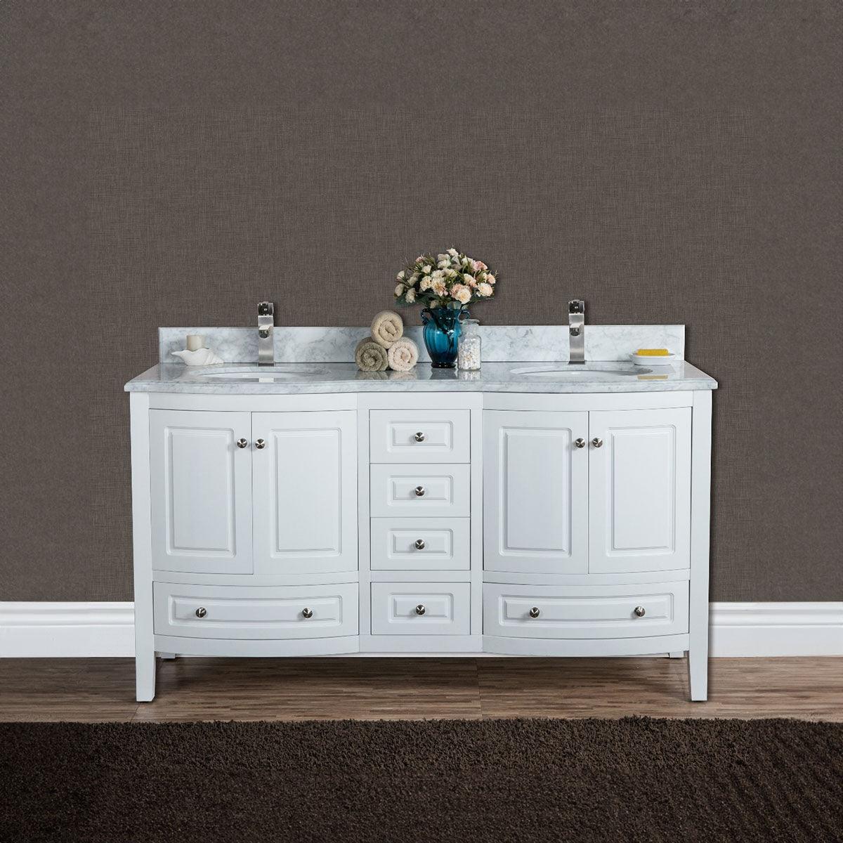 60" White Freestanding Double Sink Bathroom Vanity with Carrera Marble Countertop Porto - Image 1