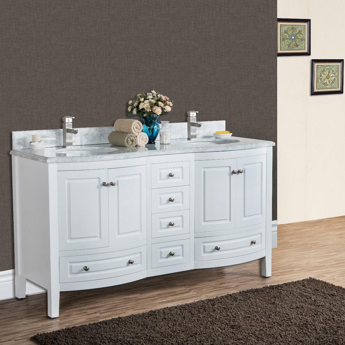60" White Freestanding Double Sink Bathroom Vanity with Carrera Marble Countertop Porto - Image 3