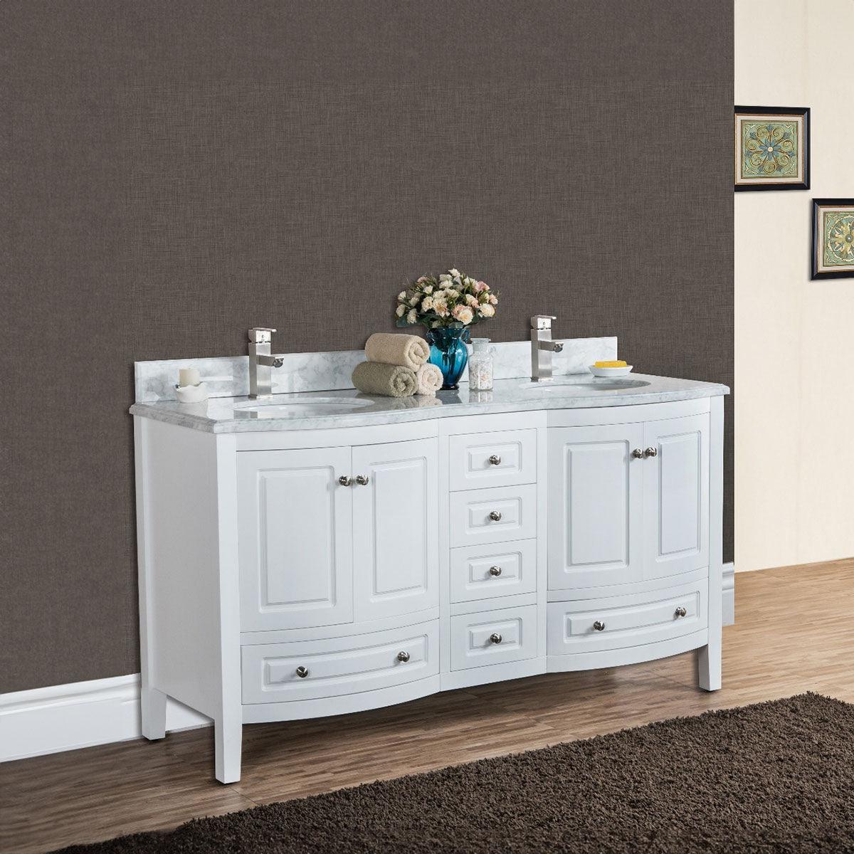 60" White Freestanding Double Sink Bathroom Vanity with Carrera Marble Countertop Porto - Image 2