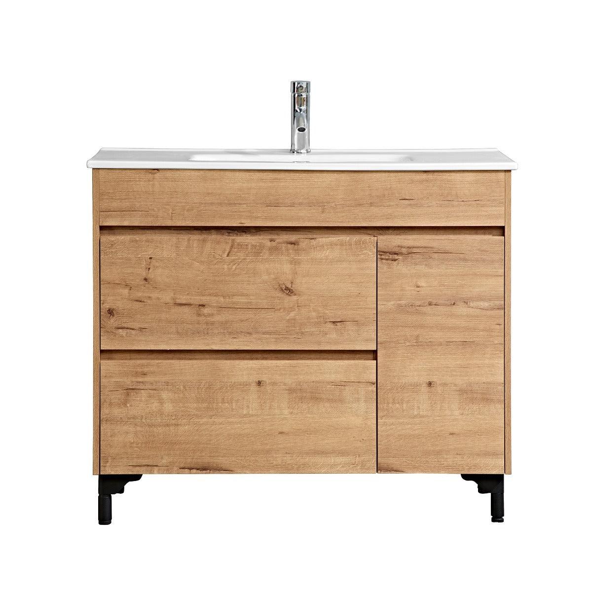 40" Soft Oak Freestanding Bathroom Vanity with White Ceramic Countertop *FREE FAUCET* – Image 2
