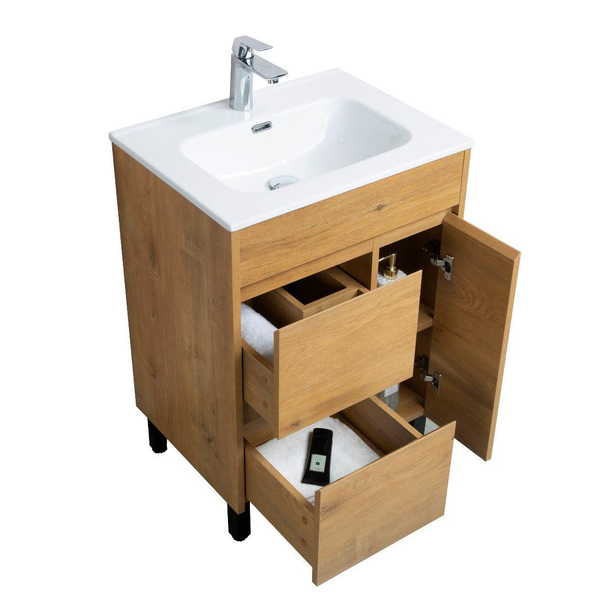 24" Rough Oak Freestanding Bathroom Vanity with White Ceramic Countertop – Image 4