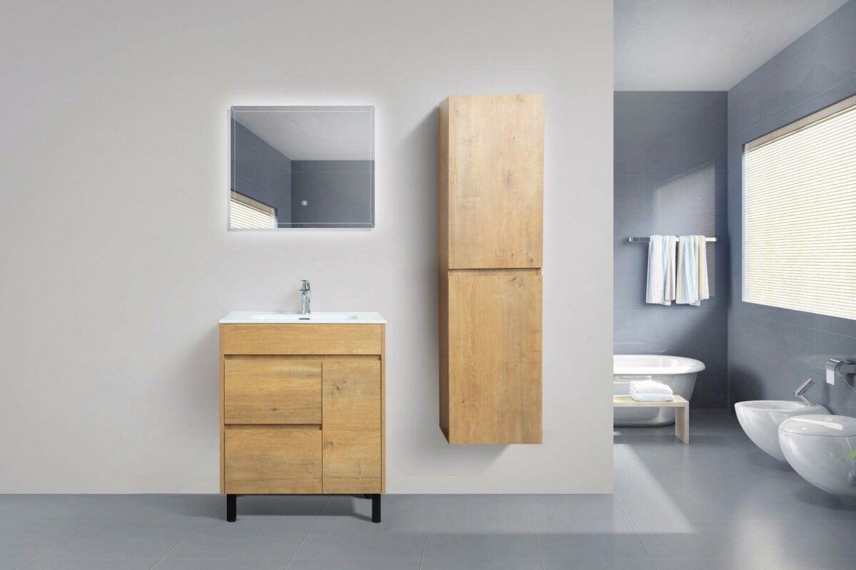 30" Rough Oak Freestanding Bathroom Vanity with White Ceramic Countertop - Image 6
